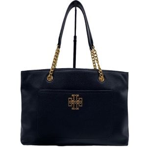 Tory Burch Britten Satchel Black Leather Shoulder Bag with Gold-Tone Hardware